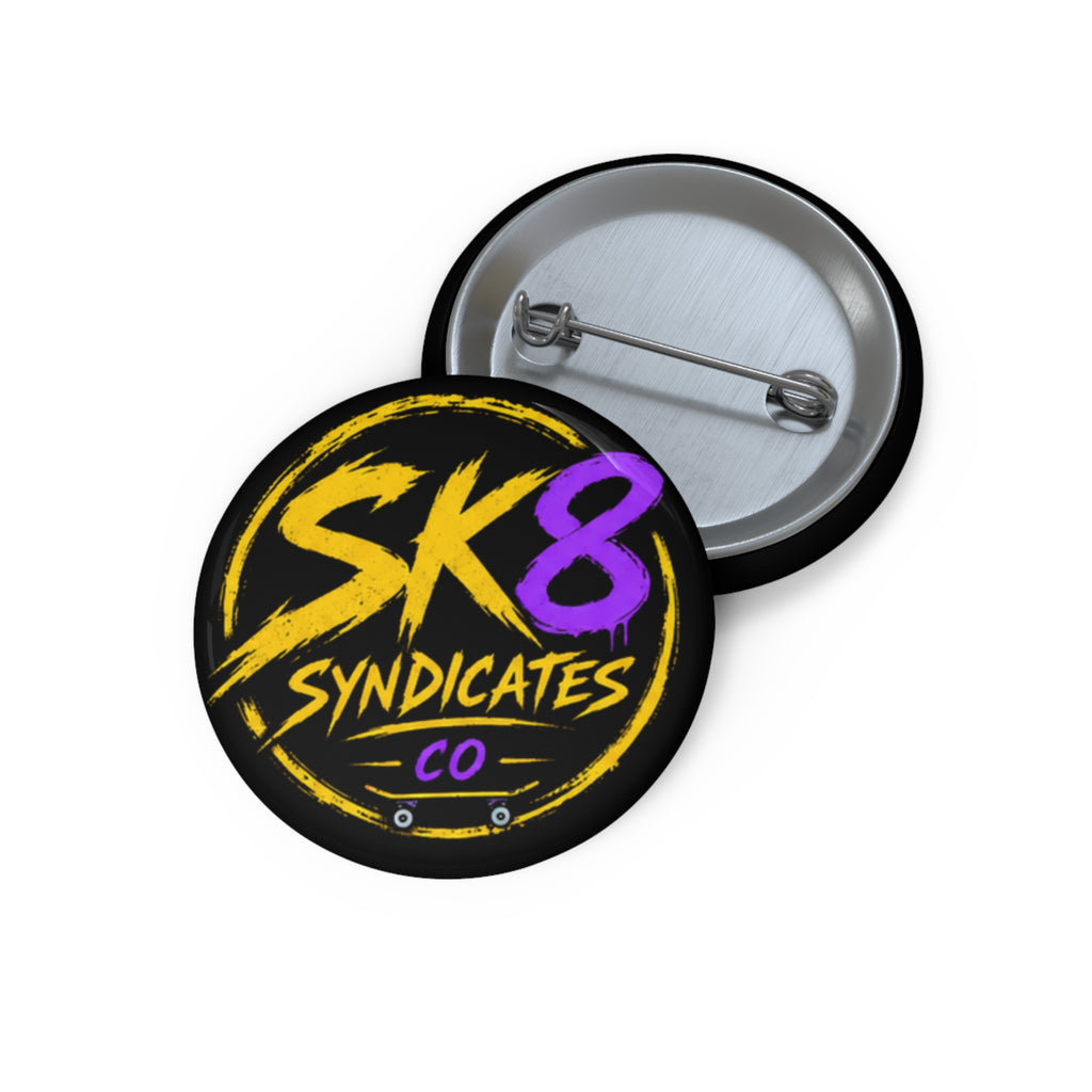 Bold yellow, purple & black SK8 Syndicates Co. pin button