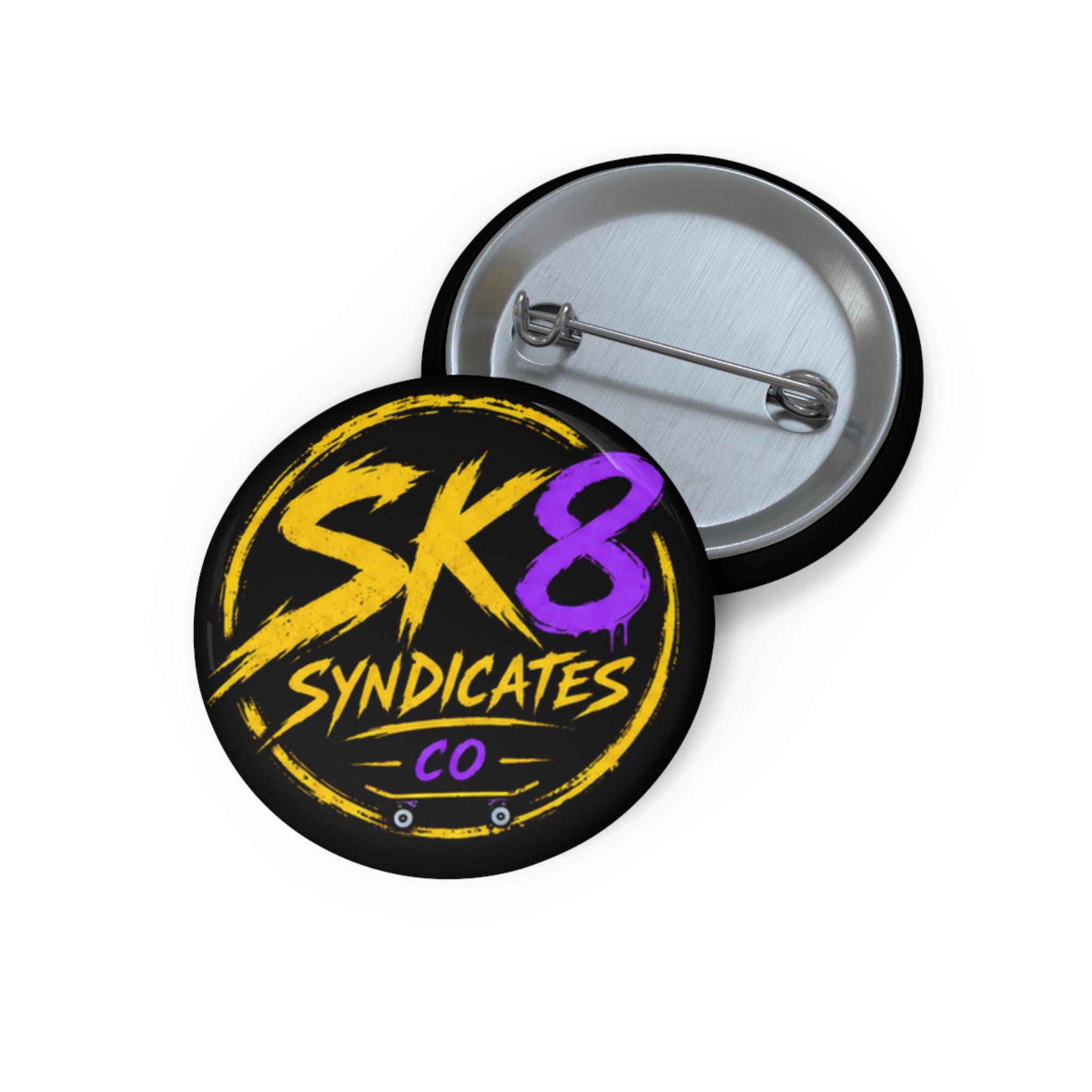 Bold yellow, purple & black SK8 Syndicates Co. pin button