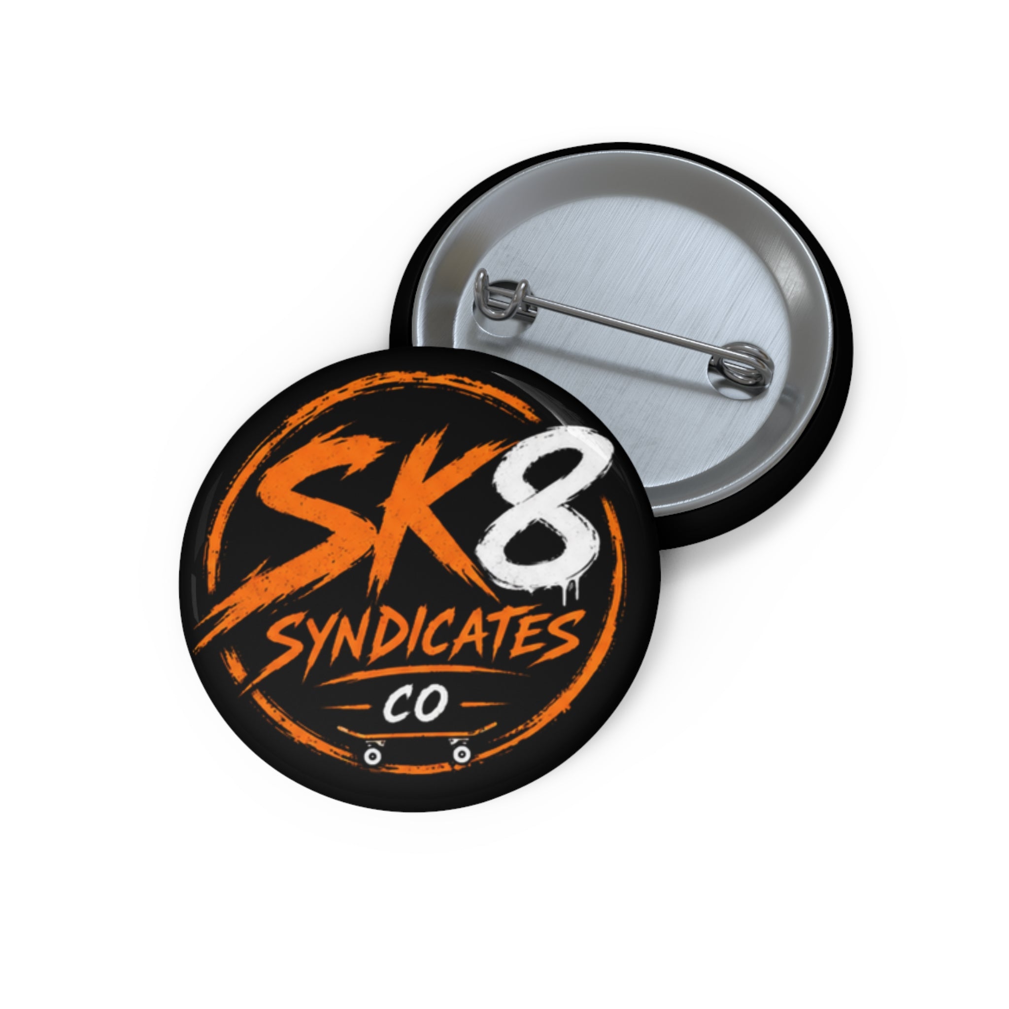 Bold orange, white & black SK8 Syndicates Co. pin button