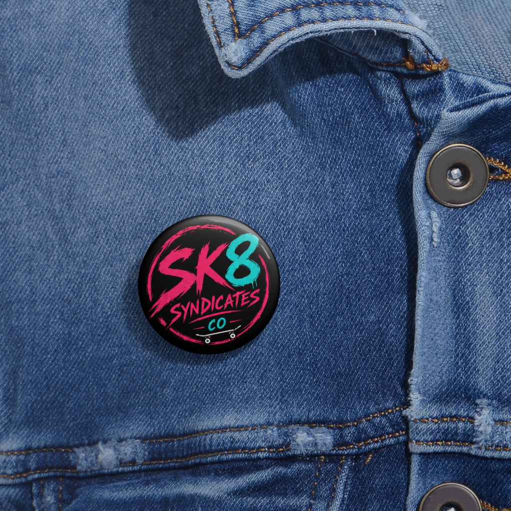 Clean dark pink, baby blue & black SK8 Syndicates Co. pin button