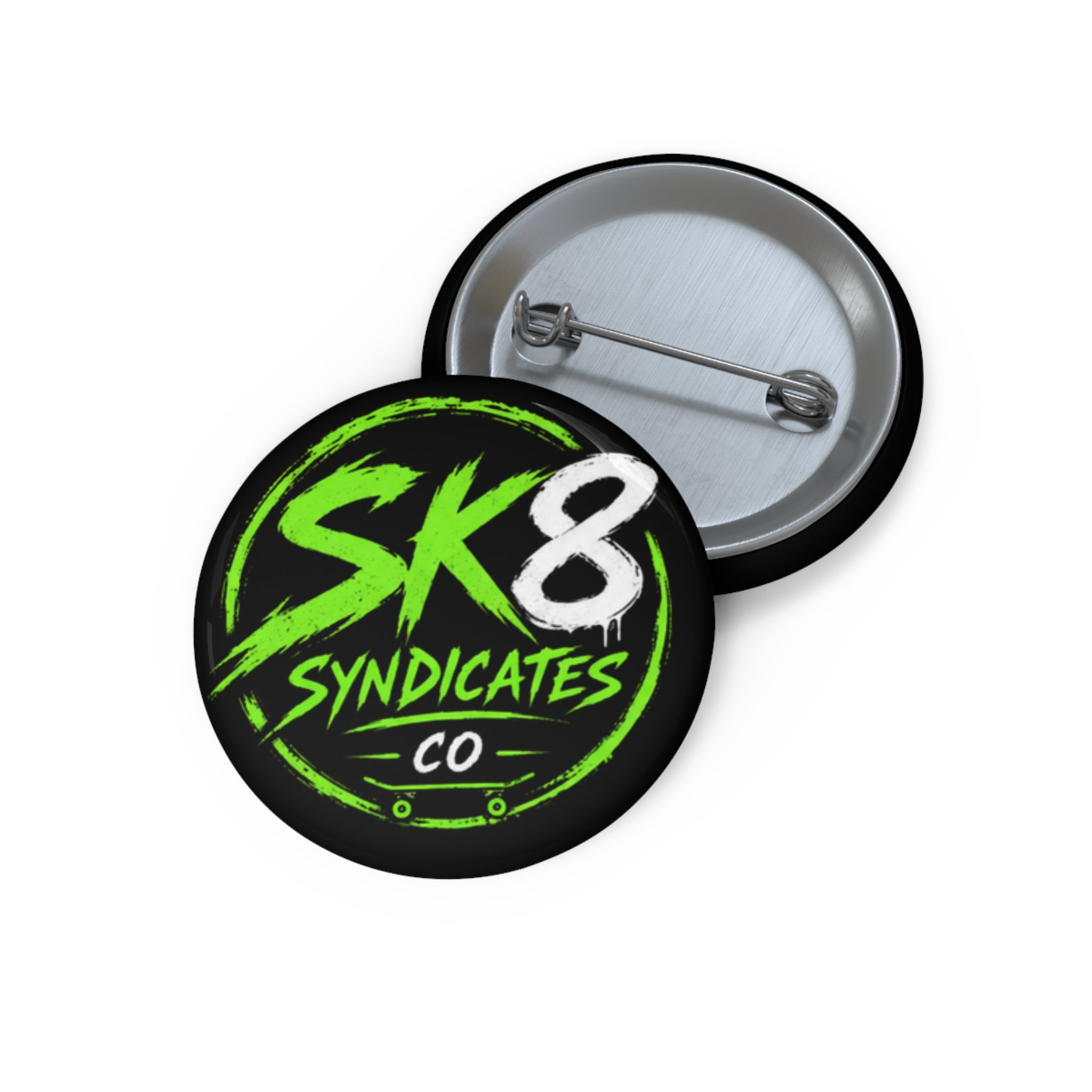 Clean green, white & black SK8 Syndicates Co. pin button