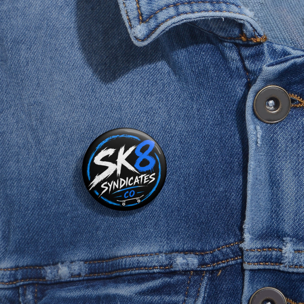 Clean blue, white & black SK8 Syndicates Co. pin button