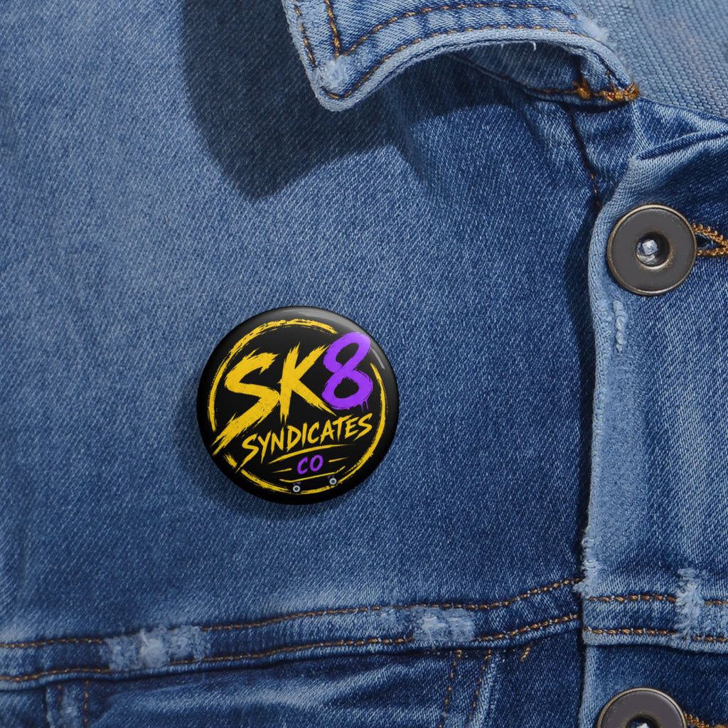 Bold yellow, purple & black SK8 Syndicates Co. pin button