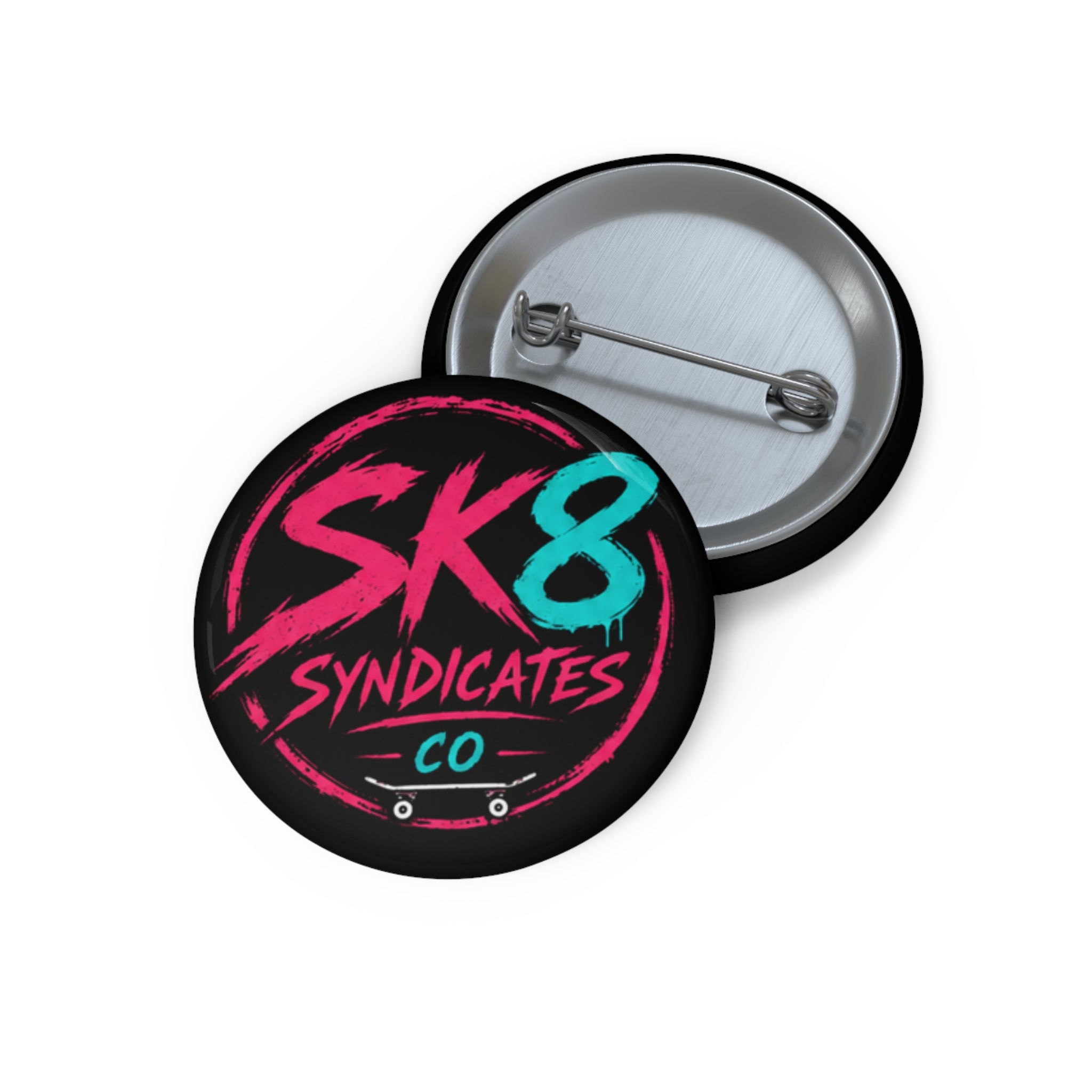 Clean dark pink, baby blue & black SK8 Syndicates Co. pin button