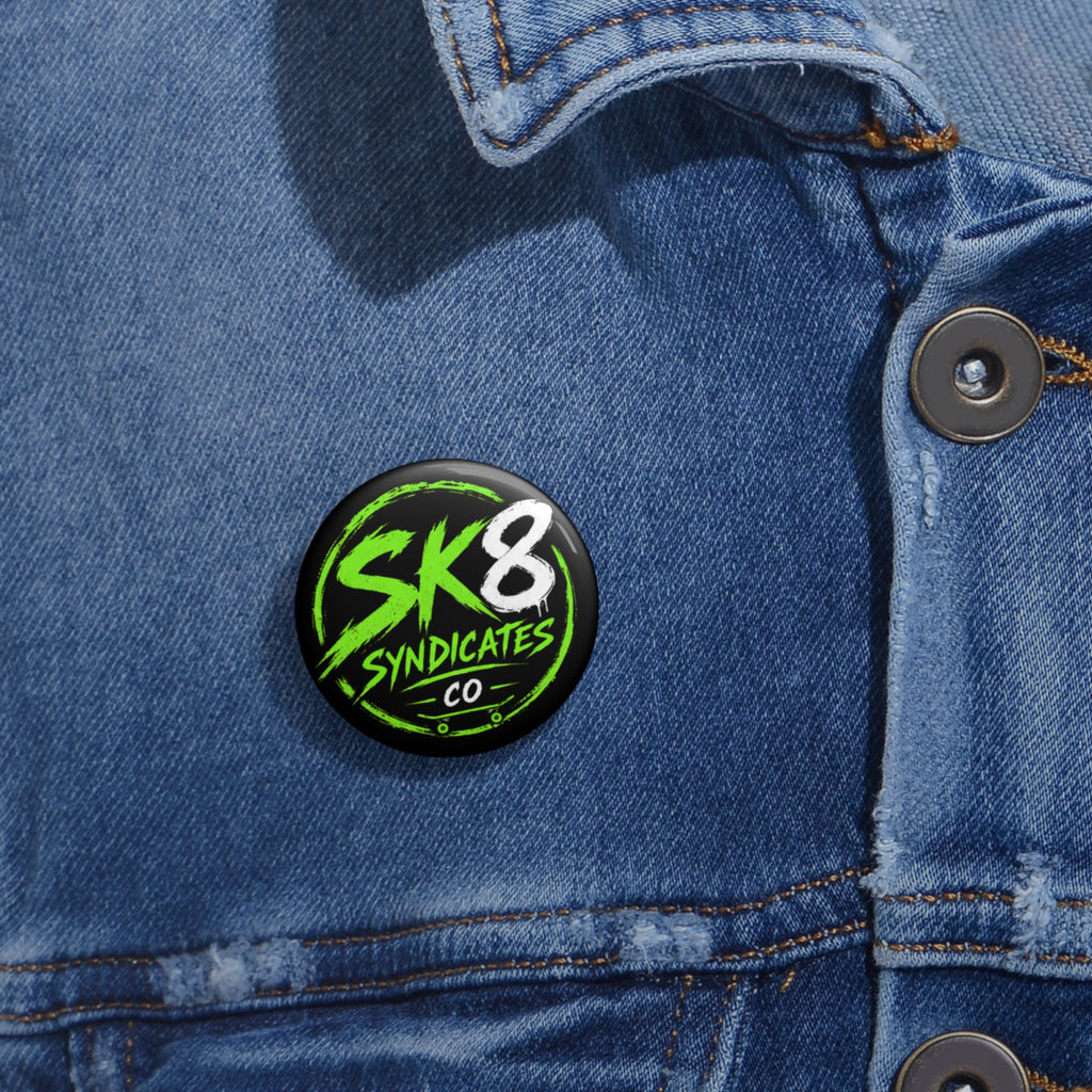 Clean green, white & black SK8 Syndicates Co. pin button