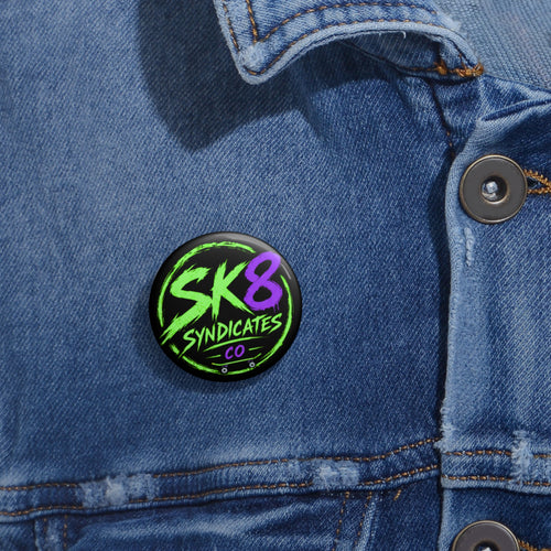 Bold light green, purple & black SK8 Syndicates Co. pin button