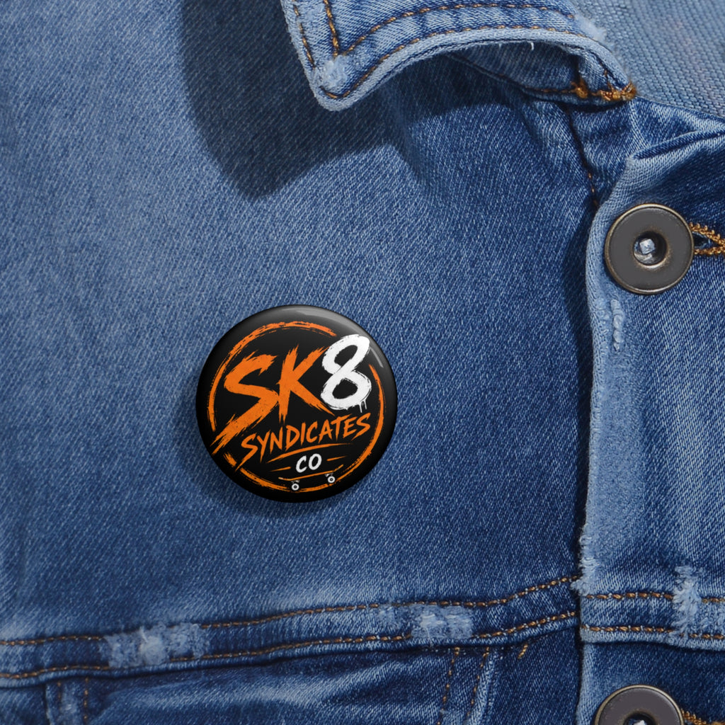 Bold orange, white & black SK8 Syndicates Co. pin button