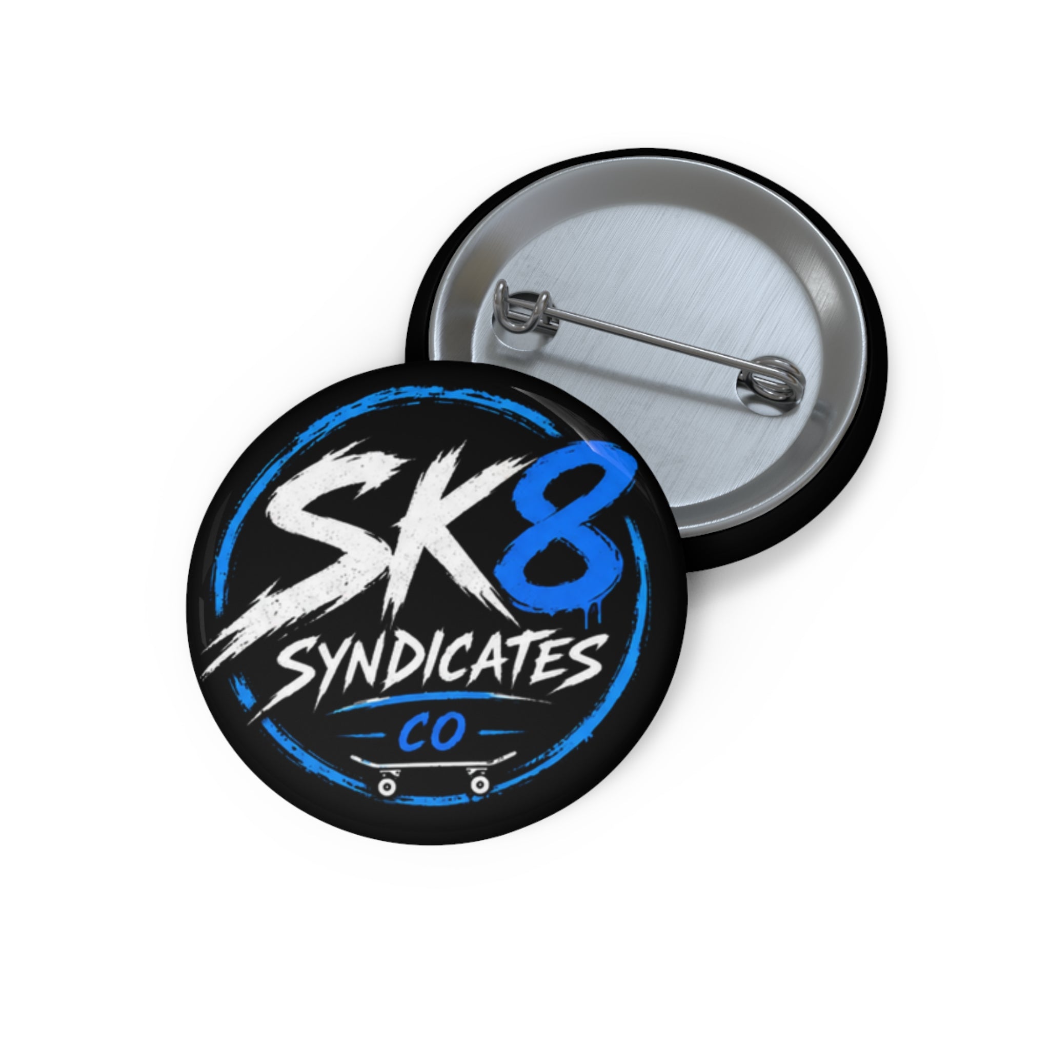 Clean blue, white & black SK8 Syndicates Co. pin button