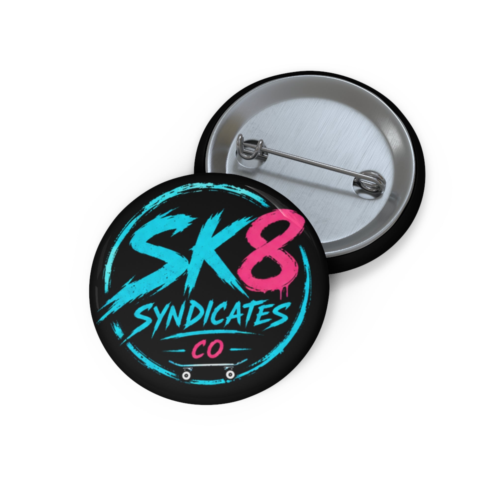Clean baby blue, pink & black SK8 Syndicates Co. pin button